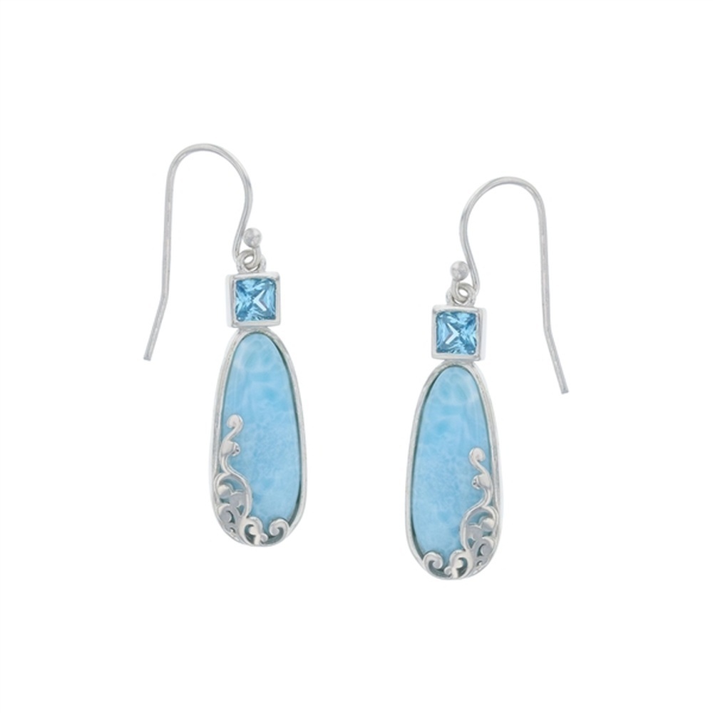 925 Sterling  Silver Larimar Freeform on Swirl Frame w Square Aqua CZ Earrings